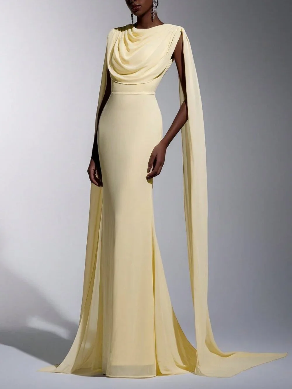 Yellow Elegant Women's Chiffon Ruffle Neck Fishtail Hem Formal Dress
